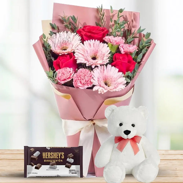 Pink Bloom Delight with Chocolate & Teddy