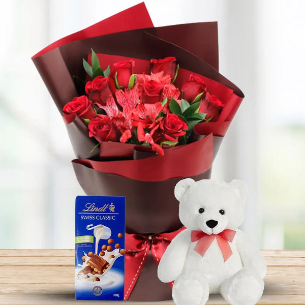 Red Rose Bouquet with Lindt & Teddy