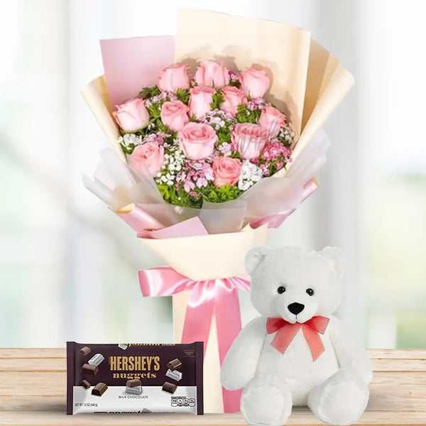 Pink Rose Bouquet with Hershey’s & Teddy