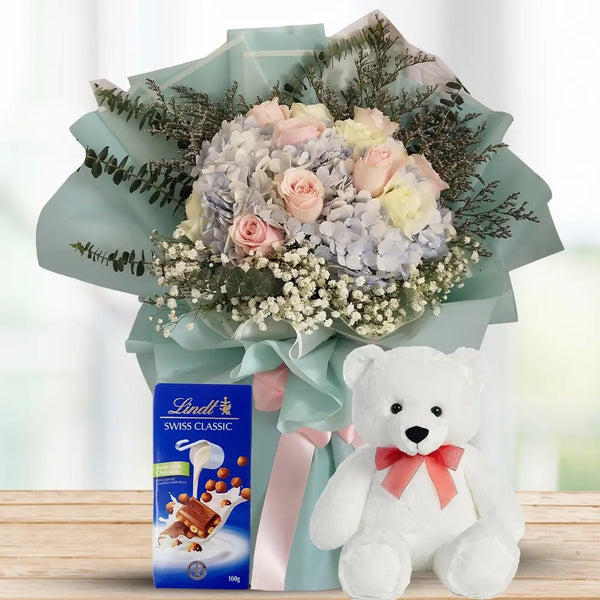 Peach & Yellow Roses Bouquet with Lindt & Teddy