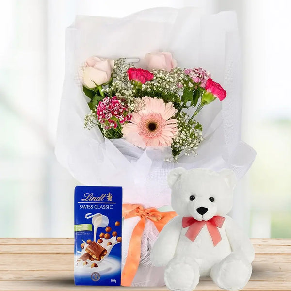 Pink Blossom Bouquet with Lindt & Teddy