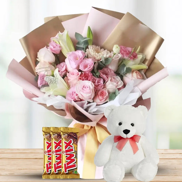 Lily & Rose Bouquet with Twix & Teddy