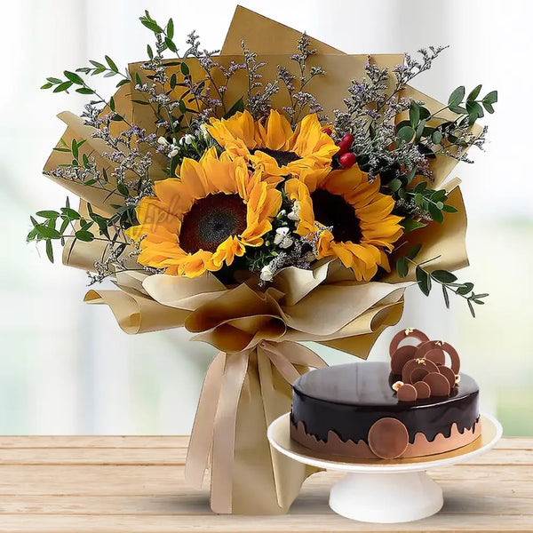 Sunflower Bouquet with Chocolate Cake