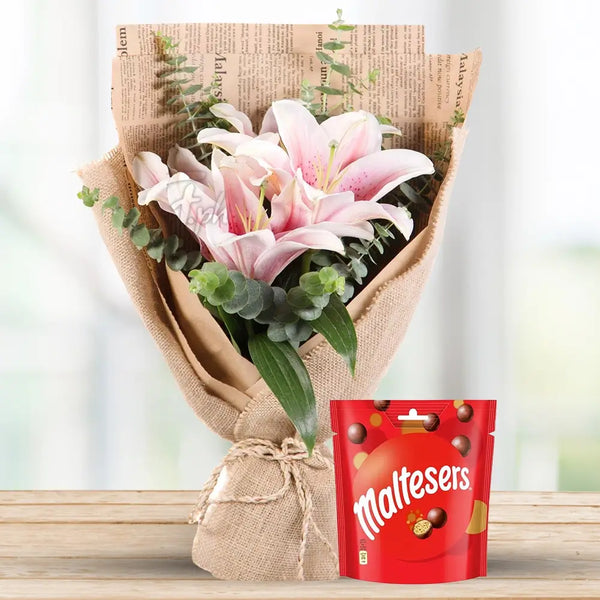 Pink Lilies Bouquet with Maltesers