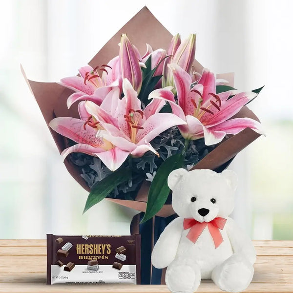 Pink Lily Bouquet with Hershey’s & Teddy