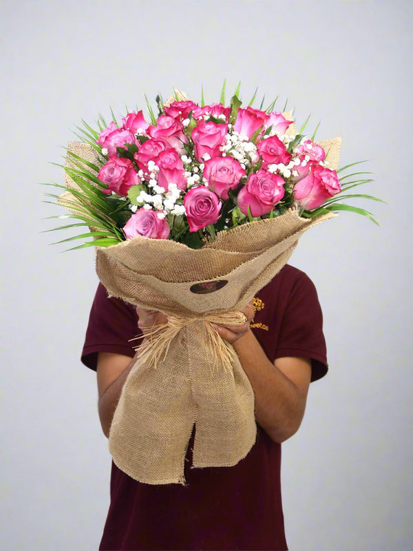 Jute Wrapping Purple Rose Bouquet