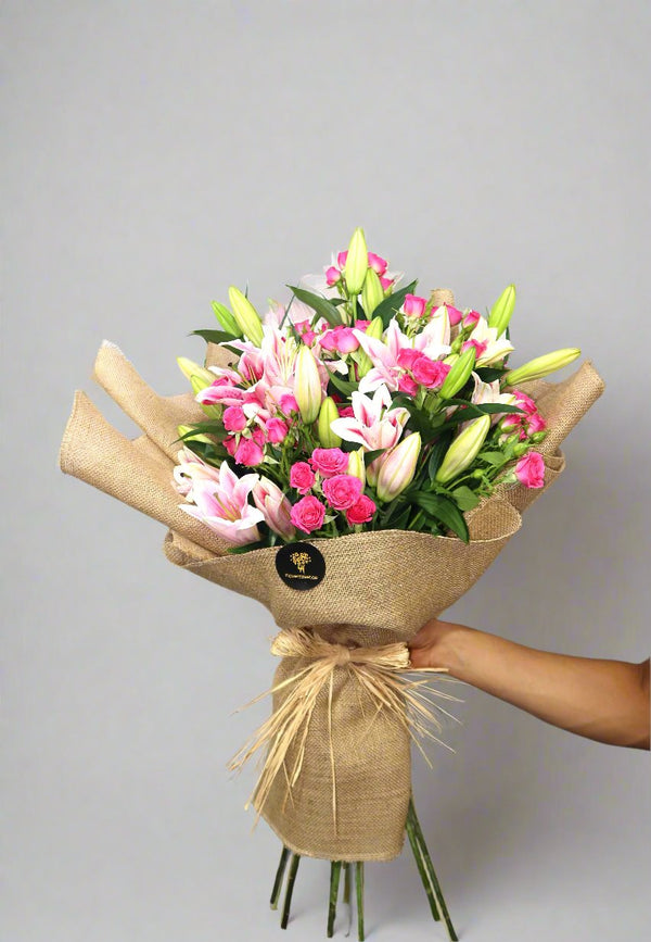 Jute Wrapping Pink Lily Pink Roses