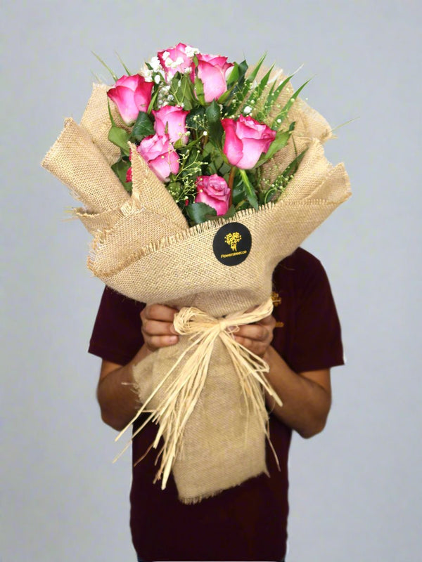 Jute Wrapping Purple Rose Bouquet