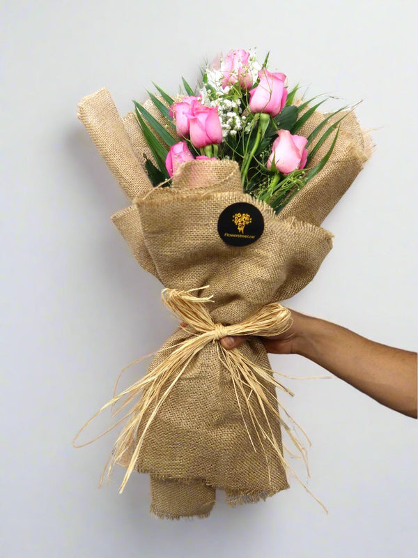 Jute Wrapping Simple Pink Rose Bouquet