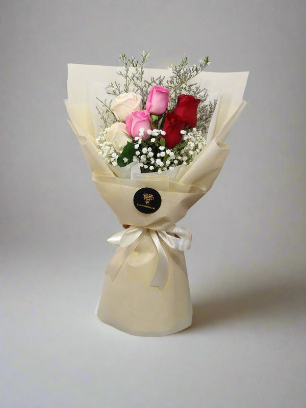 Simple Pink, White, Red Rose Bouquet