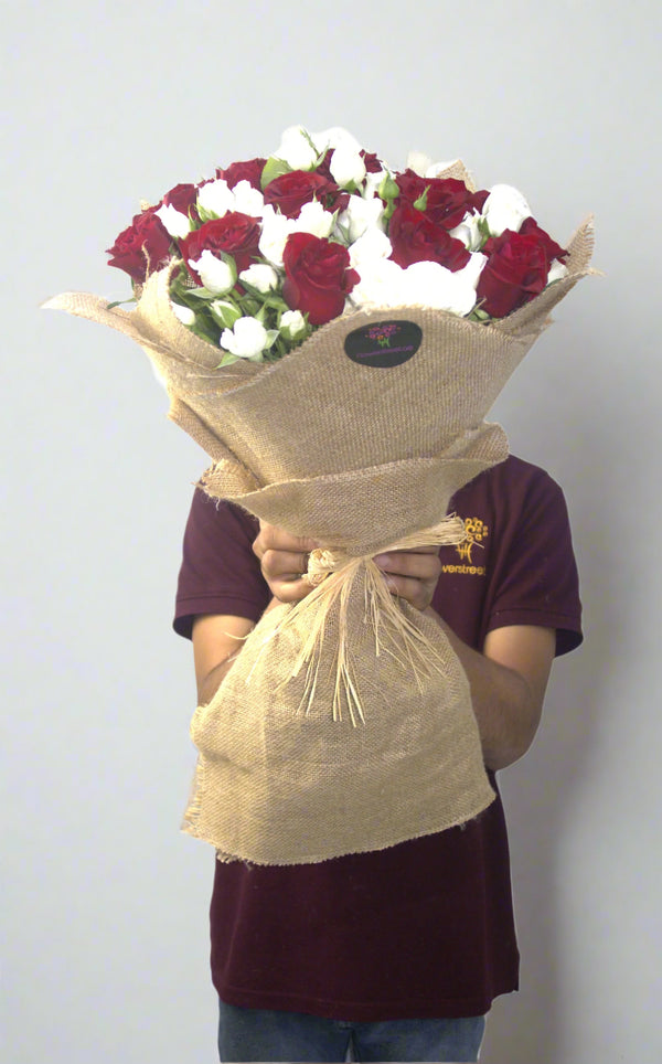 Red Roses With White Spray Roses