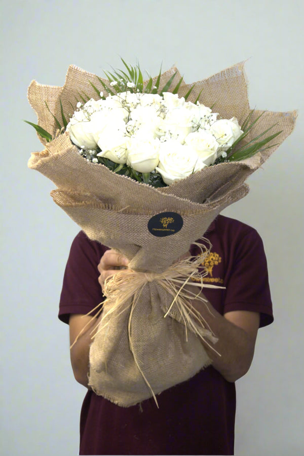 Jute Wrapping- White Rose Bouquet