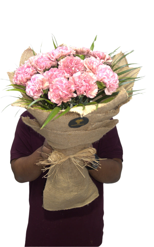 Pink Carnations In Jute Wrapping