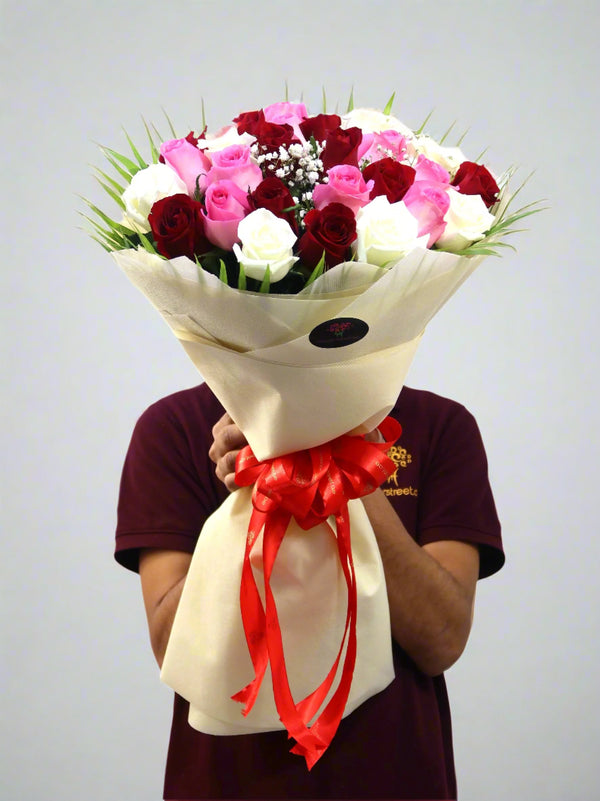 30 Red, Pink, And White Rose Bouquet