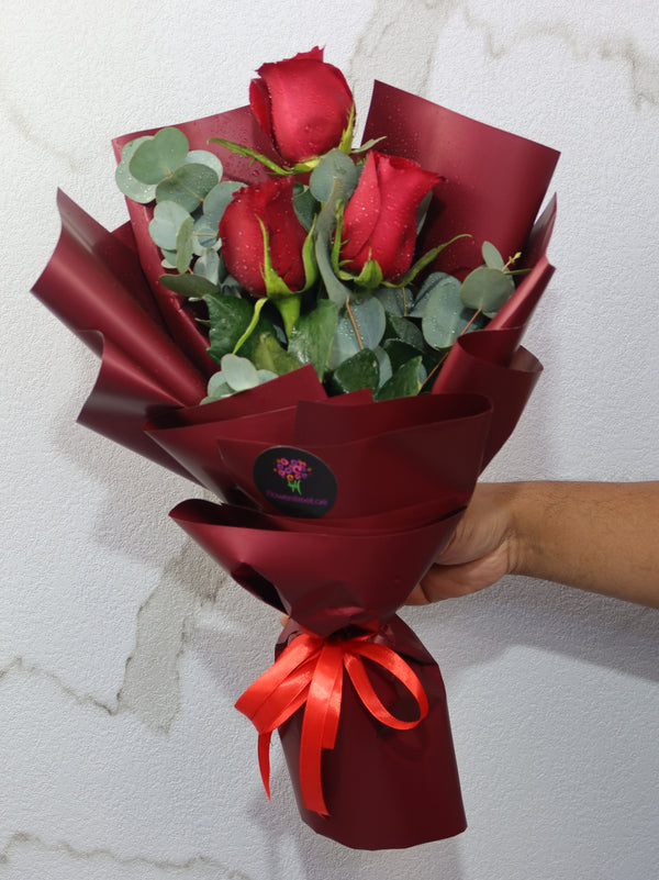 3 Red Rose With Eucalyptus