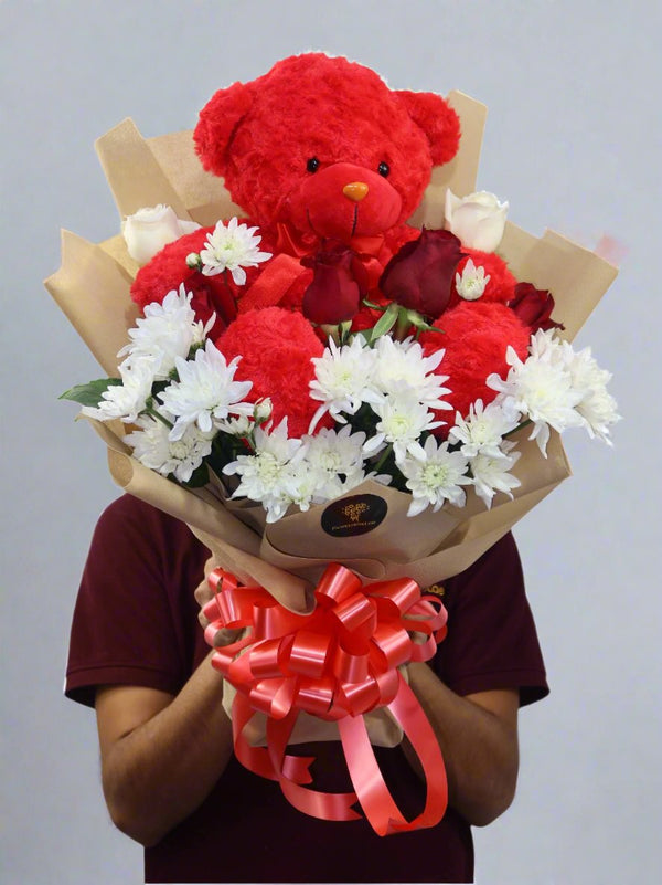 Red Teddy with Flowers