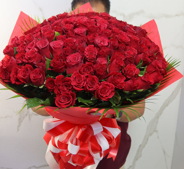 101 Red Rose Bouquet with Red Wrapping